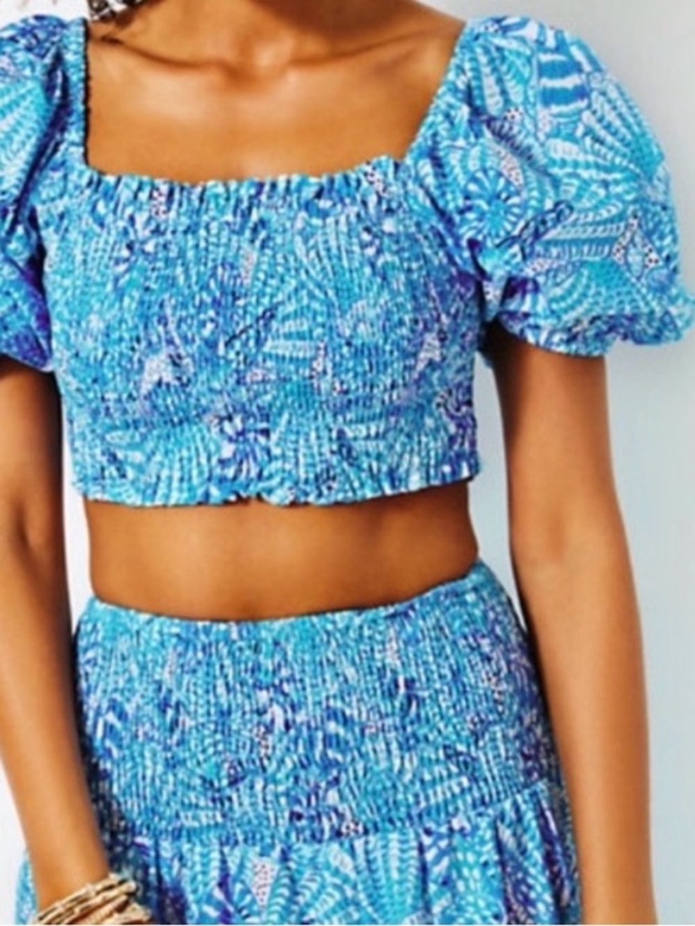 Lilly Pulitzer Aston  Amalfi Blue By The Seashore TOP Only Small Puff Sleeve